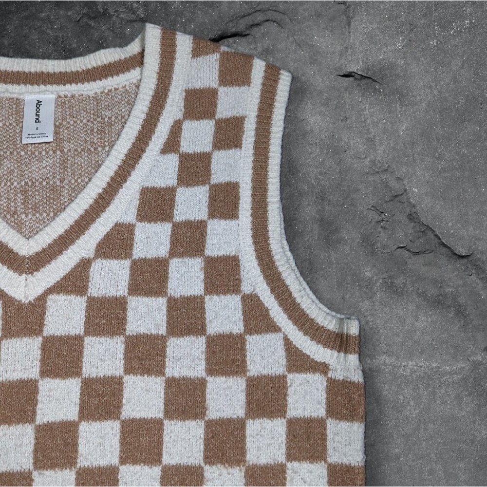 SOLD ABOUND Sweater Vest Tan/Ivory Check Women's Sleeveless V-Neck sz S - Picture 4 of 4